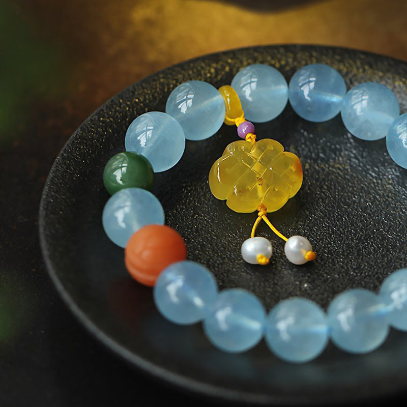 Buddha Stones Natural Aquamarine Amber Chinese Knotting Charm Peace Bracelet - image 9