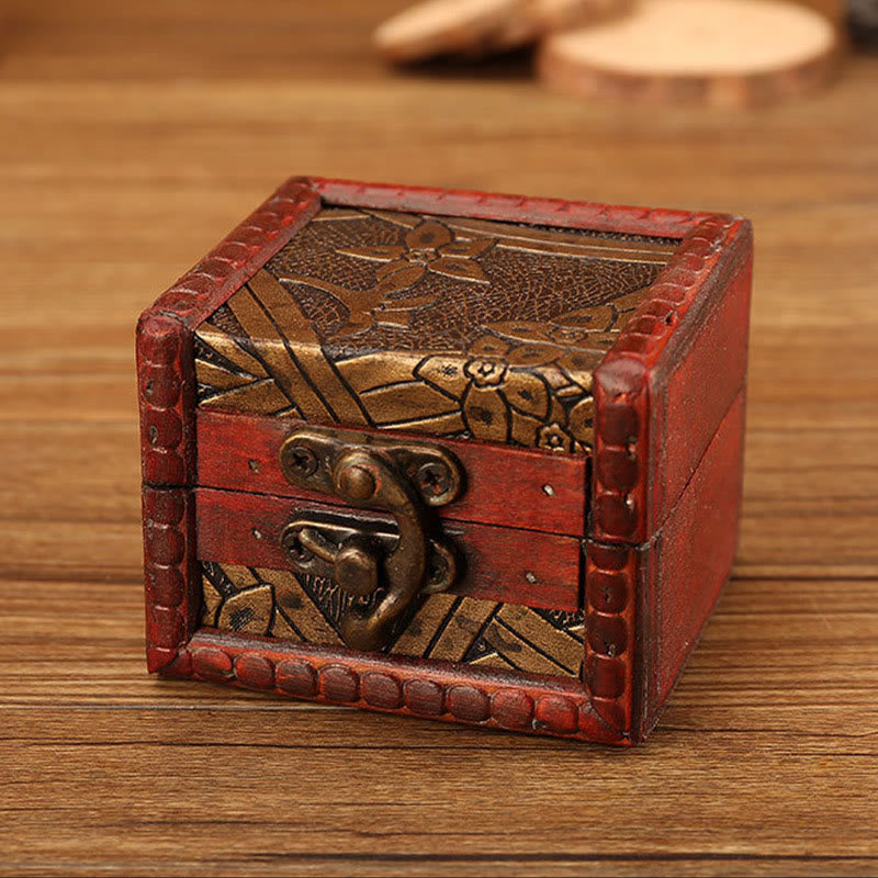 Buddha Stones Retro Small Square Wood Jewelry Box Lotus Grass Flower Grape Copper Coin Daffodil Jewelry Storage Box - Daffodil 8*6.5*6cm - image 9