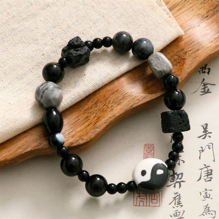 Buddha Stones Black Onyx Picasso Jasper Bead Yin Yang Fortune Protection Bracelet - image 6