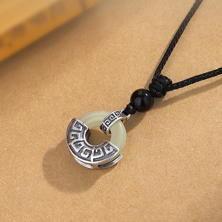 Buddha Stones 925 Sterling Silver Natural Hetian Jade Peace Buckle Prosperity Necklace Pendant - image 3