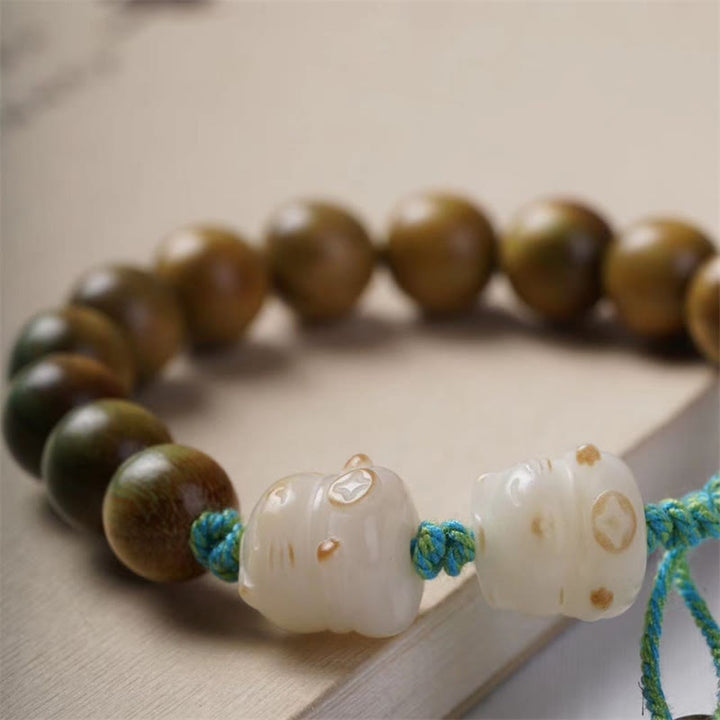 Buddha Stones Green Sandalwood Bodhi Seed Lucky Cat Positive Bracelet - image 3