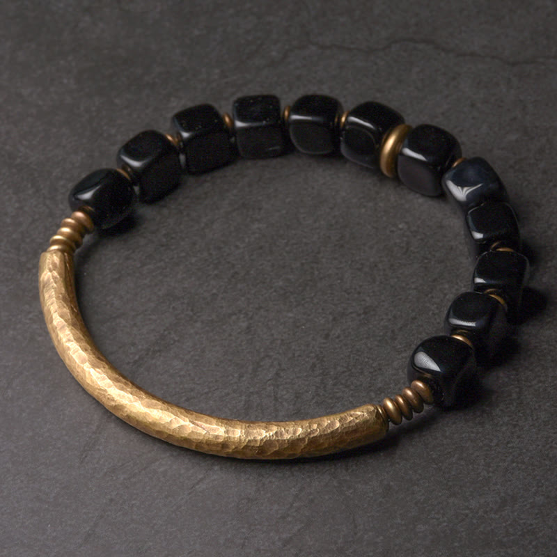 Buddha Stones Black Obsidian Crystal Copper Strength Couple Bracelet - 17-17.5cm - image 0