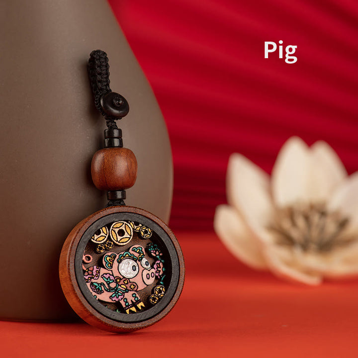 Buddha Stones Year Of The Dragon Hand Painted Chinese Zodiac Rosewood Carved Calm Key Chain - Pig - image 22