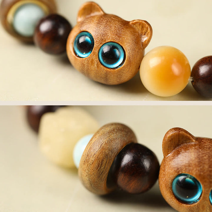 Buddha Stones Natural Bodhi Seed Sandalwood Lucky Cute Cat Head Paw Claw Peace Bracelet - image 3
