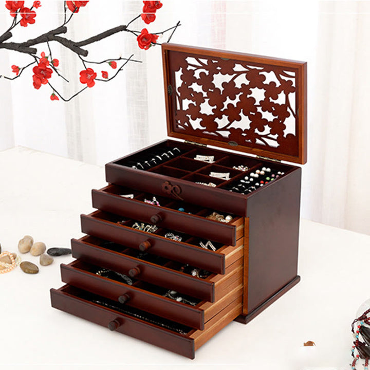 Buddha Stones Vintage Plum Blossom Carved Wooden Jewelry Box Six-Layer Jewelry Storage Box - image 3
