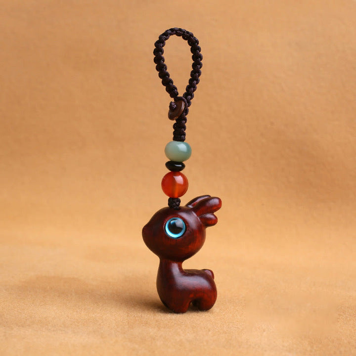 Buddha Stones Sandalwood Small Leaf Red Sandalwood Ebony Wood Green Sandalwood Lucky Mini Deer Carved Protection Key Chain Phone Hanging Decoration - Small Leaf Red Sandalwood 35mm - Key Chain - image 7
