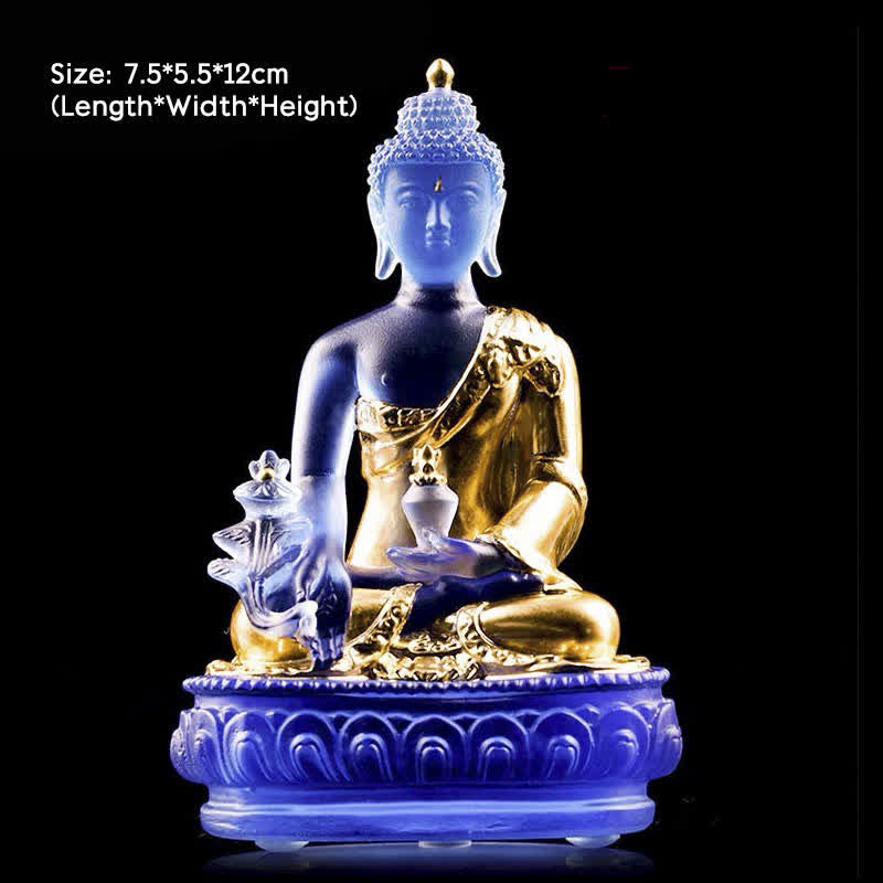 Buddha Stones Medicine Buddha Handmade Liuli Crystal Art Piece Compassion Statue Home Office Offering Decoration - 7.5*5.5*12cm - Gold Medicine Buddha - image 5