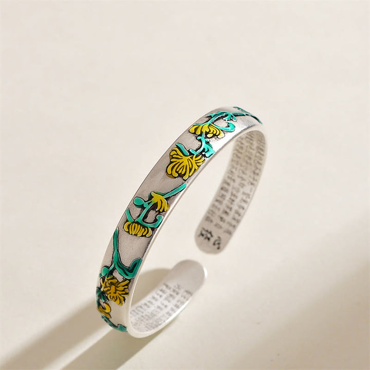 Buddha Stones Plum Blossom Chrysanthemum Flower Design Heart Sutra Healing Bracelet Cuff Bangle - Chrysanthemum - image 3