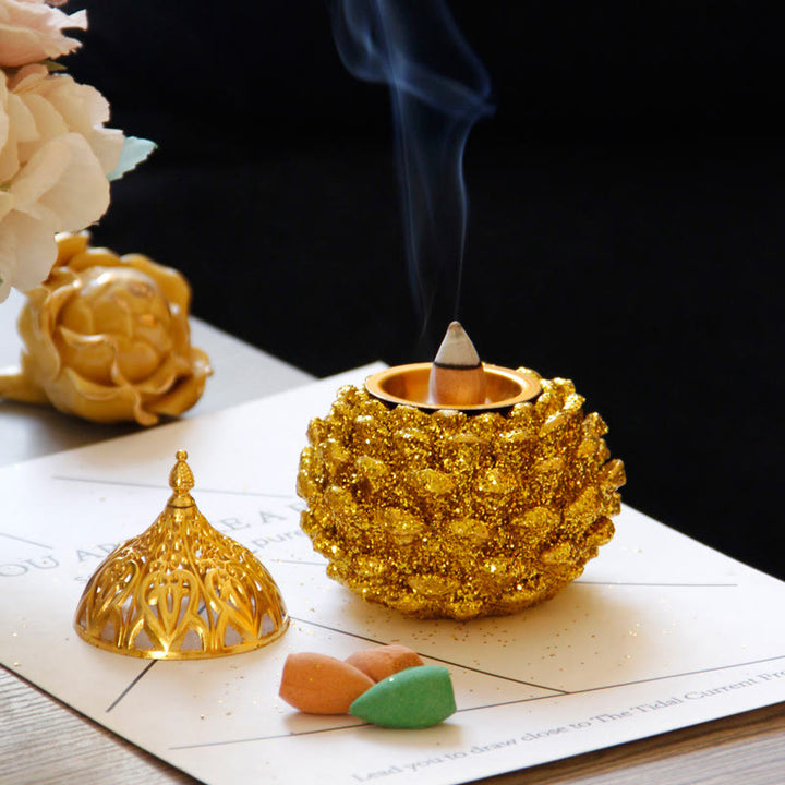 Gold Pine Cone Pattern Spiritual Rituals Mini Incense Burner Home Tabletop Decor - image 15