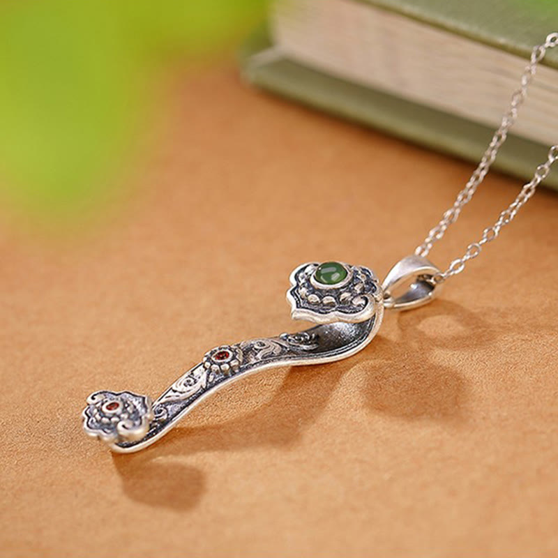 Buddha Stones 925 Sterling Silver Red Agate Cyan Jade Auspicious Clouds Ruyi Handle Blessing Necklace Pendant - image 9