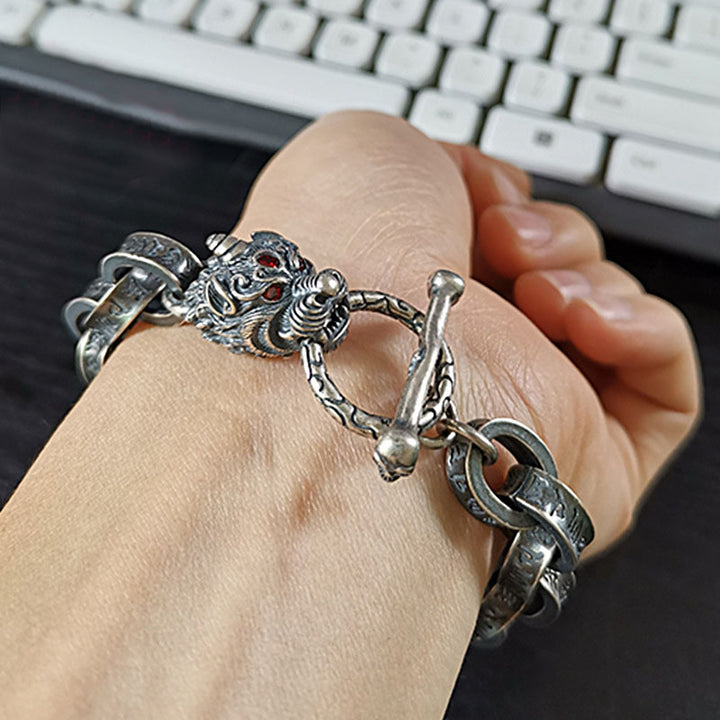 Buddha Stones 925 Sterling Silver Dragon Kirin Om Mani Padme Hum Success Strength Bracelet Bangle - image 4