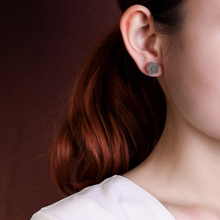 Buddha Stones 925 Sterling Silver Hetian Jade Plum Flower Luck Stud Earrings - image 4