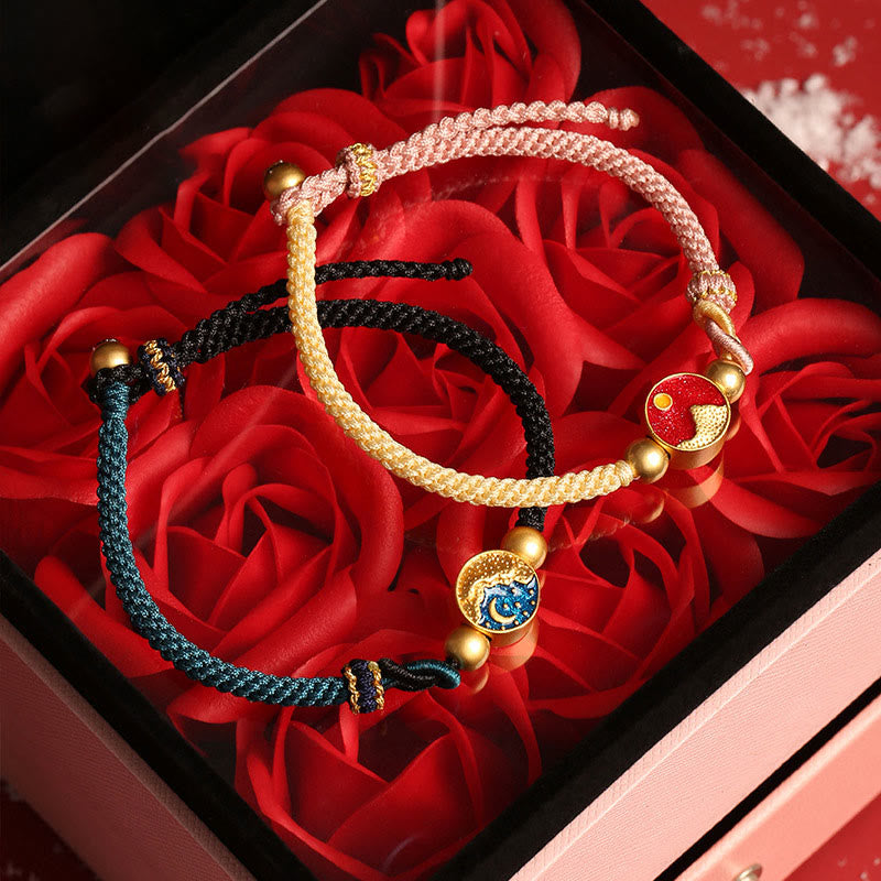 Buddha Stones Handmade Mountain and Sea Engraved Luck Two-Color String Couple Bracelet - image 1