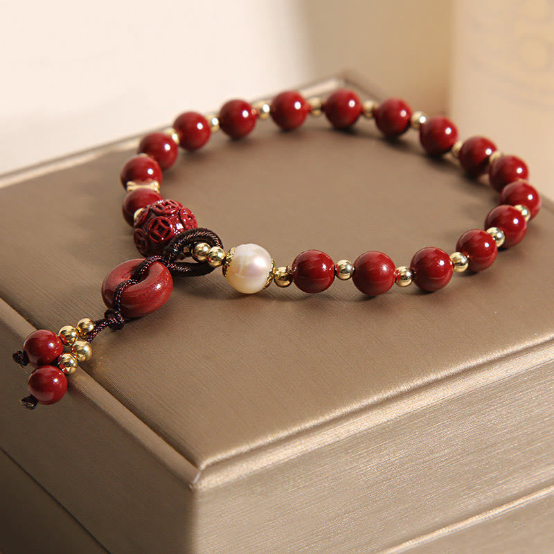 Buddha Stones Natural Cinnabar Peace Buckle Copper Coin Charm Blessing Bracelet - image 6