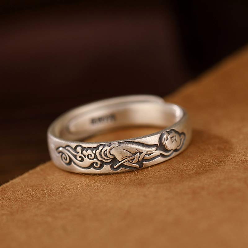 Buddha Stones 999 Sterling Silver Lotus Peony Flower Enlightenment Ring - Holding Lotus - image 1