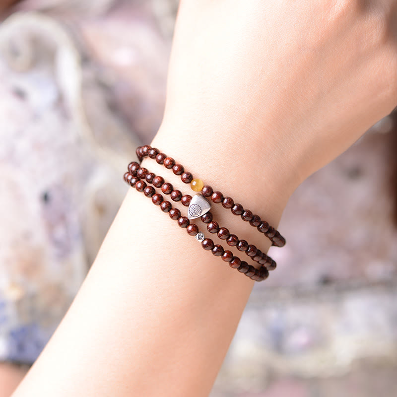 Buddha Stones 925 Sterling Silver Indian Small Leaf Red Sandalwood Fu Character Protection Triple Wrap Bracelet - image 4