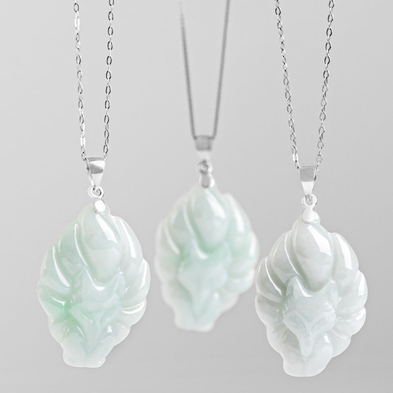 Buddha Stones 925 Sterling Silver Natural Jade Nine Tailed Fox Prosperity Necklace Pendant - image 3