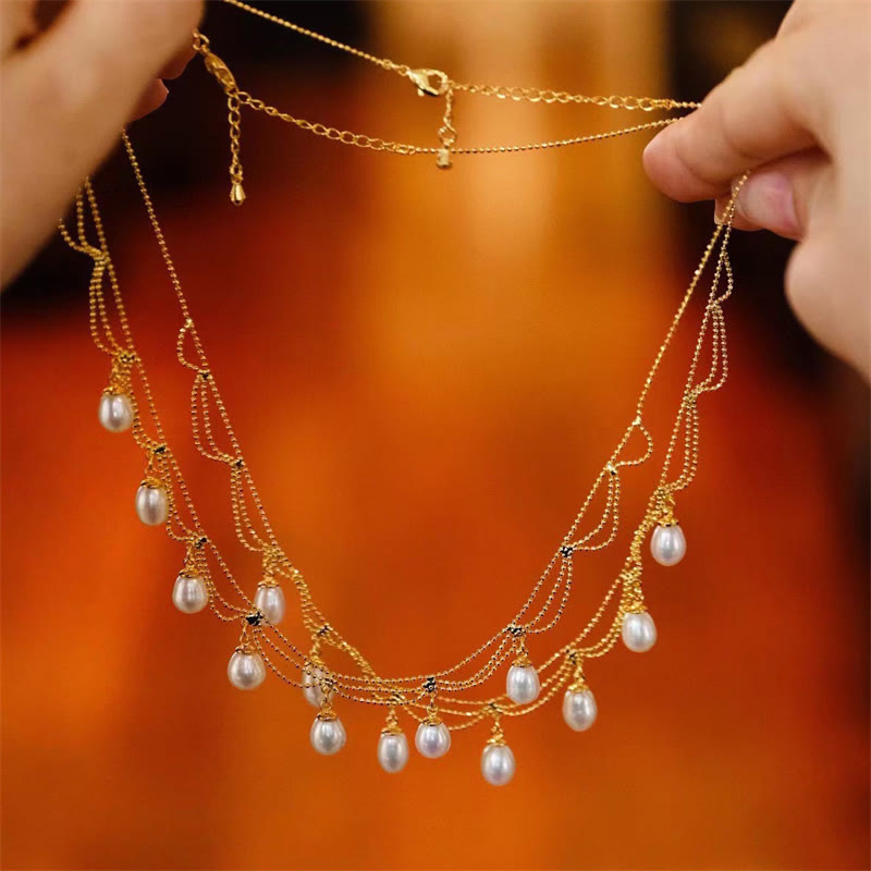 Vintage 14K Gold Plated Pearl Bead Healing Multilayer Necklace Pendant - image 1
