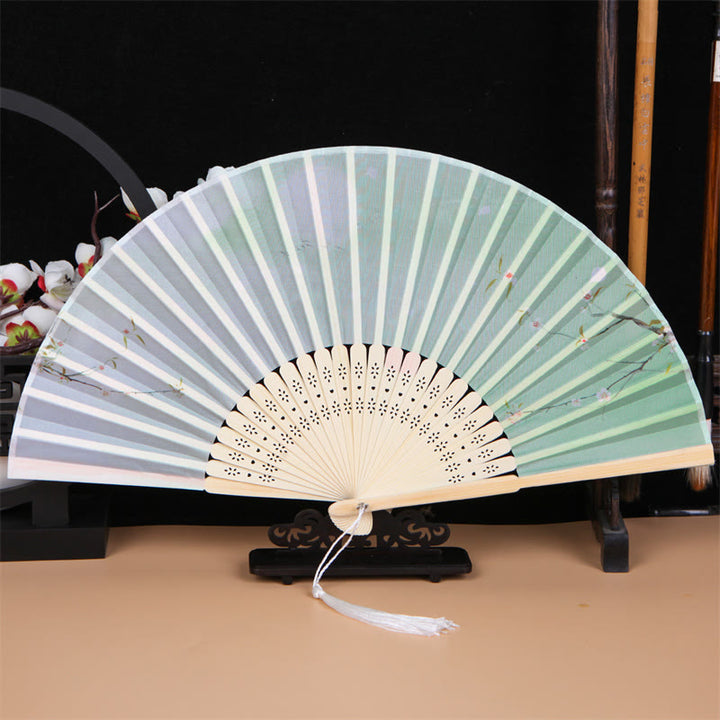 Buddha Stones Classic Birds Singing Flowers Handheld Bamboo Folding Fan - Green Flower Branch - image 8