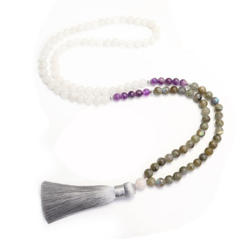 Buddha Stones 108 Mala Beads White Agate Amethyst Black Glitter Stone Protection Bracelet - image 8