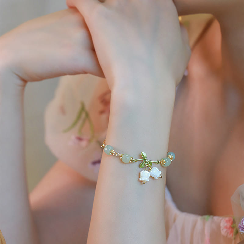 Buddha Stones Green Jade Bead Lily of the Valley Prosperity Chain Bracelet - image 2