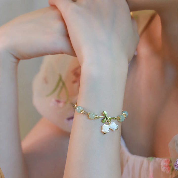Buddha Stones Green Jade Bead Lily of the Valley Prosperity Chain Bracelet - image 2