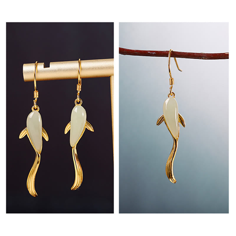 Fish Pattern Jade Luck Dangle Drop Earrings - image 14