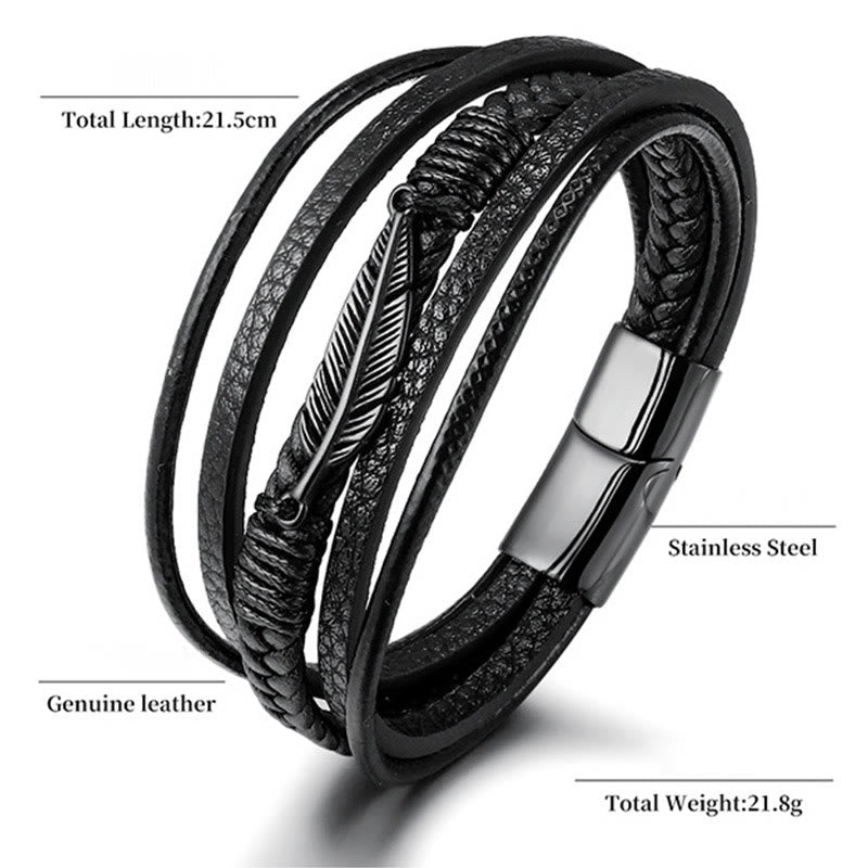 Buddha Stones Feather Pattern Multilayer Leather Titanium Steel Calm Braided Magnetic Buckle Bracelet - image 10