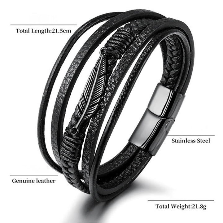 Buddha Stones Feather Pattern Multilayer Leather Titanium Steel Calm Braided Magnetic Buckle Bracelet - image 10