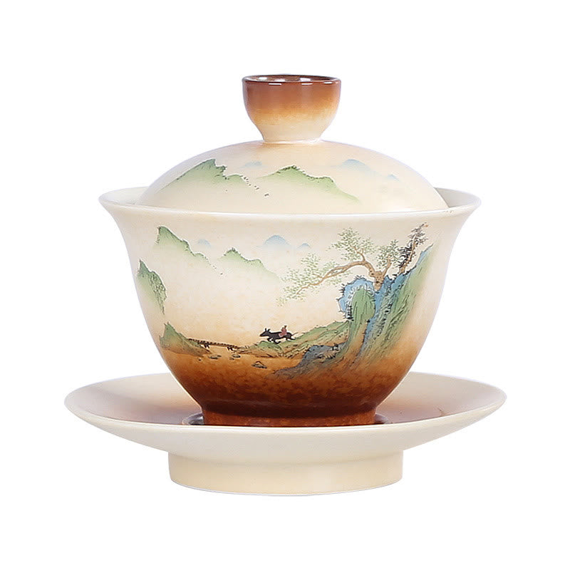 Buddha Stones Mountain Landscape Countryside Ceramic Gaiwan Sancai Teacup Kung Fu Tea Cup And Saucer With Lid - image 4