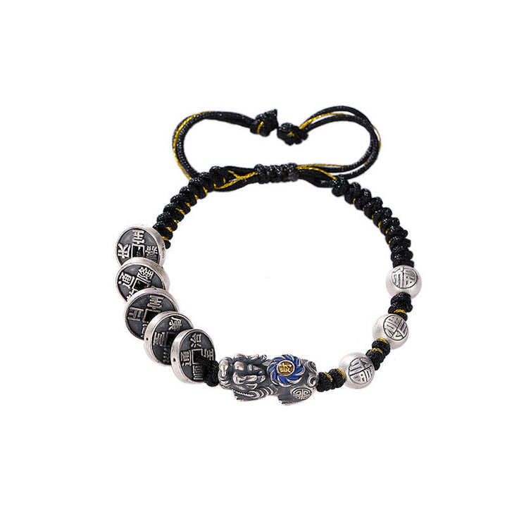 Buddha Stones 999 Sterling Silver FengShui PiXiu Copper Coin Fu Character Wealth Braided Bracelet - image 8