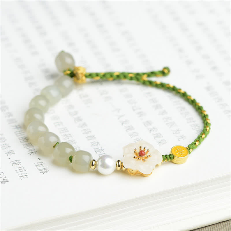 Buddha Stones 925 Sterling Silver Natural Hetian Jade Peach Blossom Luck Bracelet - image 4