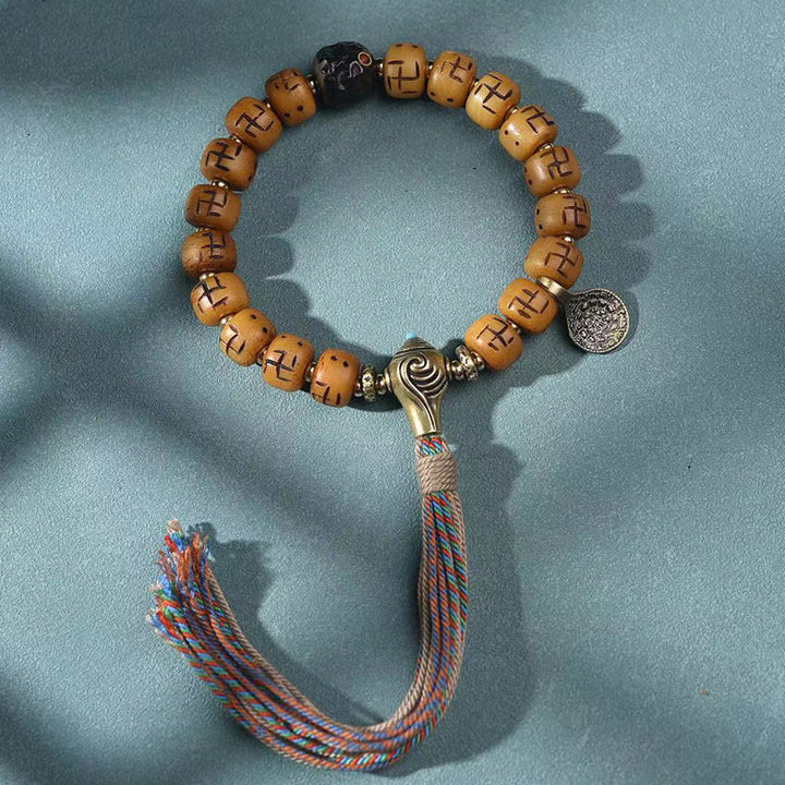 Buddha Stones Natural Tibetan Camel Bone Swastika Dzi Bead Shankha Buddha Charm Kirtimukha Luck Protection Tassel Bracelet - Camel Bone&Shankha Tassel(Wrist Circumference 15-16cm) - image 3