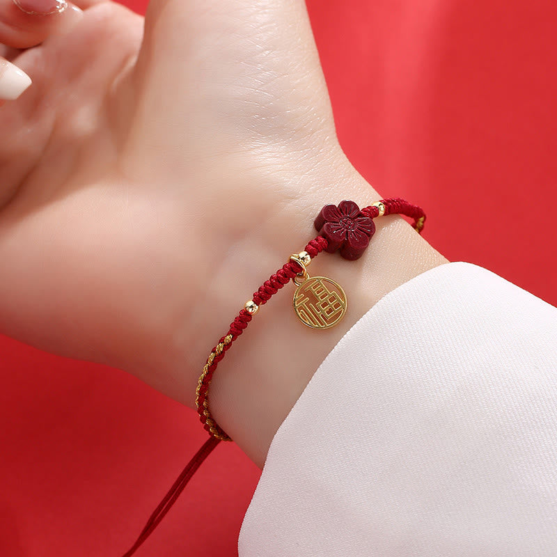 Buddha Stones Cinnabar Flower Fu Character Blessing Braided String Bracelet - image 2