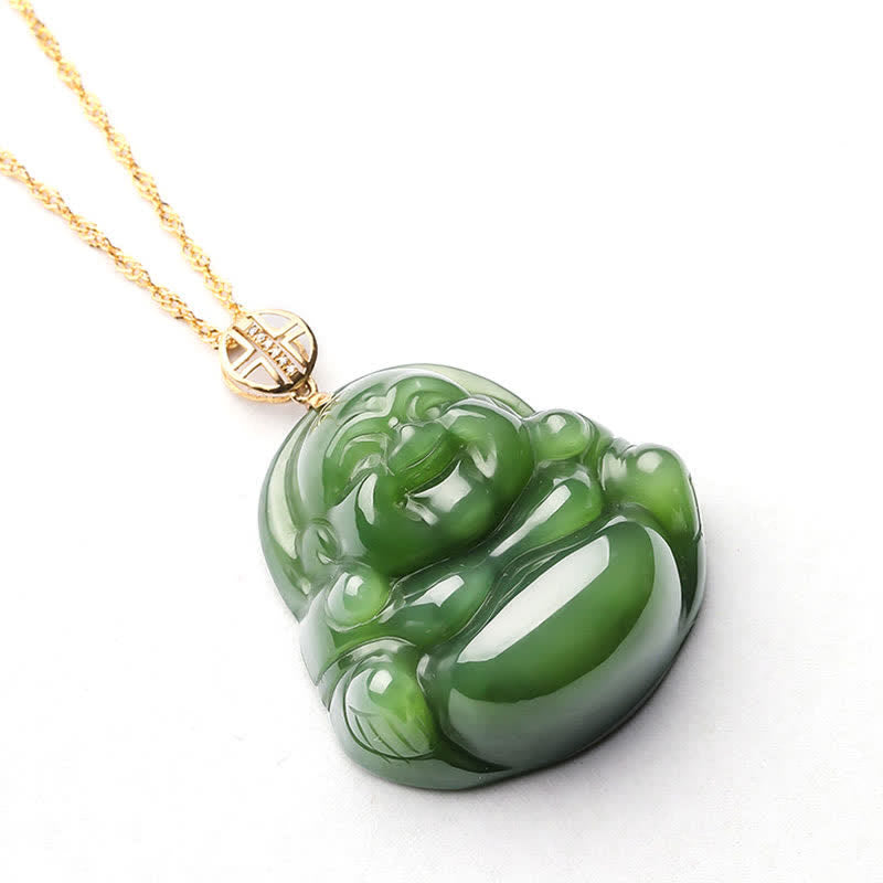 Buddha Stones 925 Sterling Silver Laughing Buddha Hetian Cyan Jade 18K Gold Success Necklace Chain Pendant - image 10