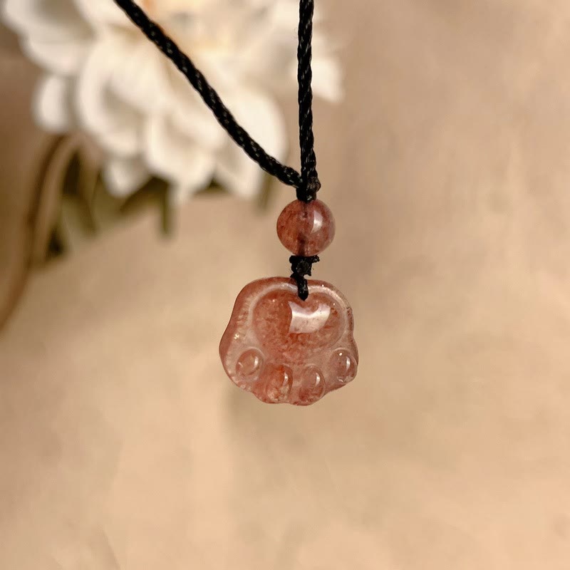 Buddha Stones Strawberry Quartz Lovely Cat Paw Claw Healing Necklace Pendant - image 7