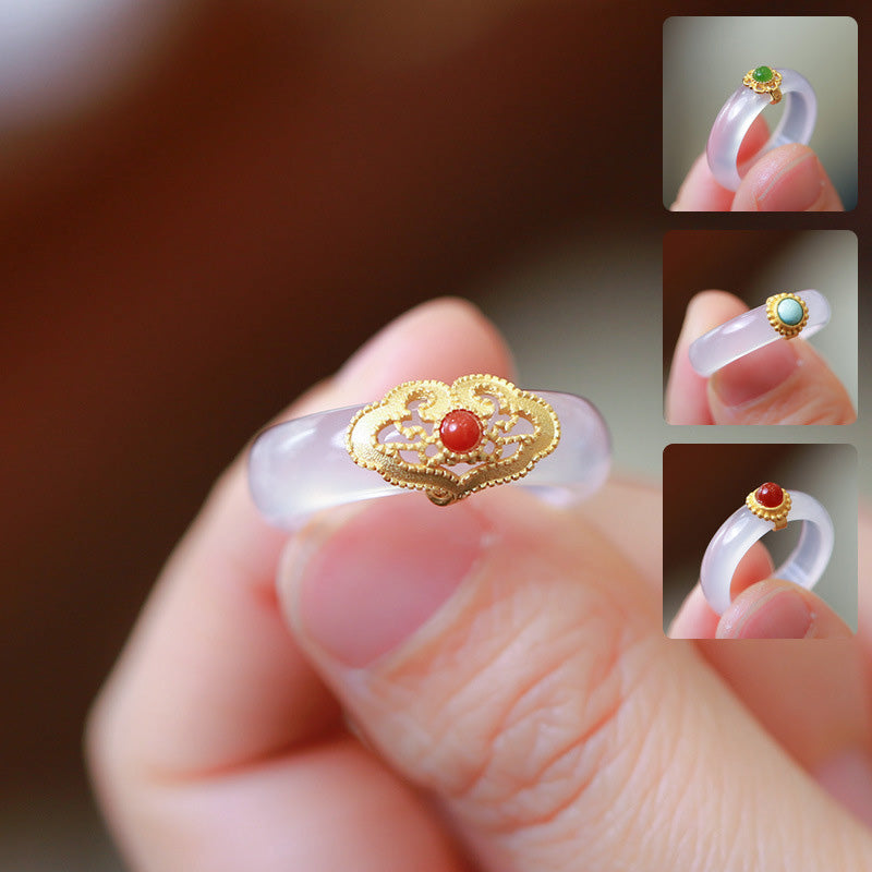 Buddha Stones White Agate Cyan Jade Turquoise Red Agate Luck Protection Ring - image 0