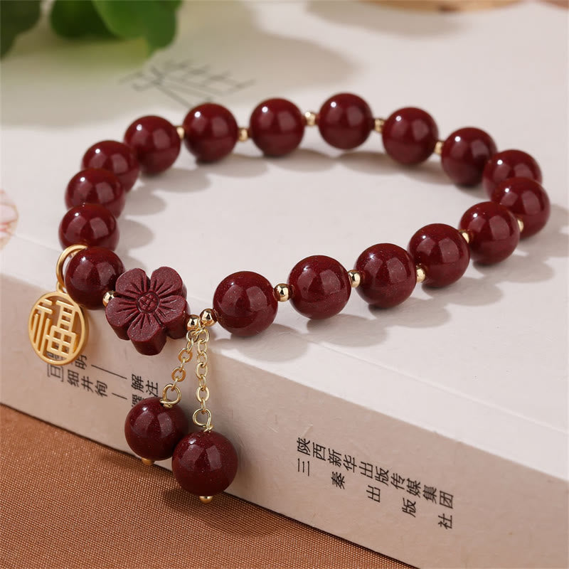 Buddha Stones Cinnabar Fu Character Cherry Blossom Blessing Bracelet - image 5