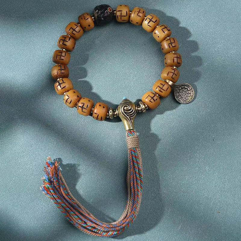Buddha Stones Natural Tibetan Camel Bone Swastika Dzi Bead Shankha Buddha Charm Kirtimukha Luck Protection Tassel Bracelet - image 5