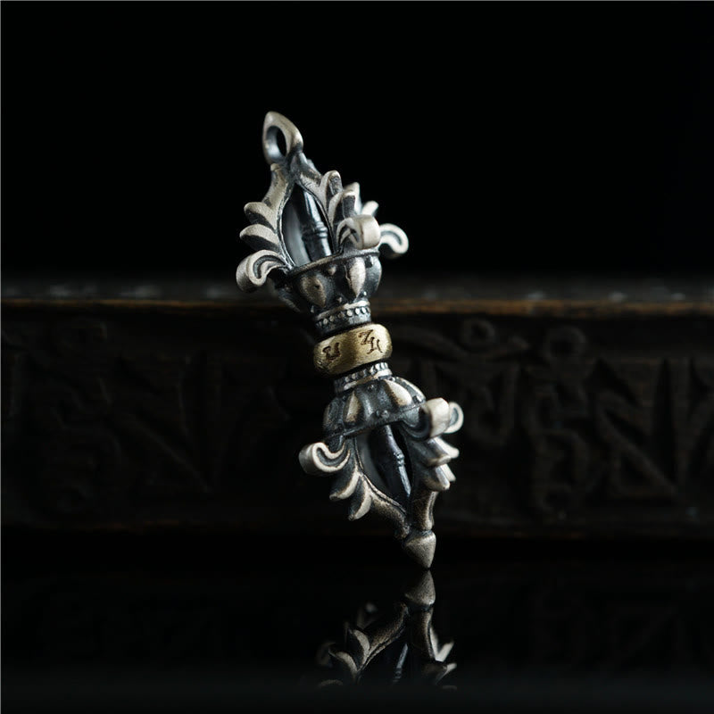 Buddha Stones 925 Sterling Silver Om Mani Padme Hum Dorje Vajra Engraved Strength Pendant Hanging Decoration - image 1