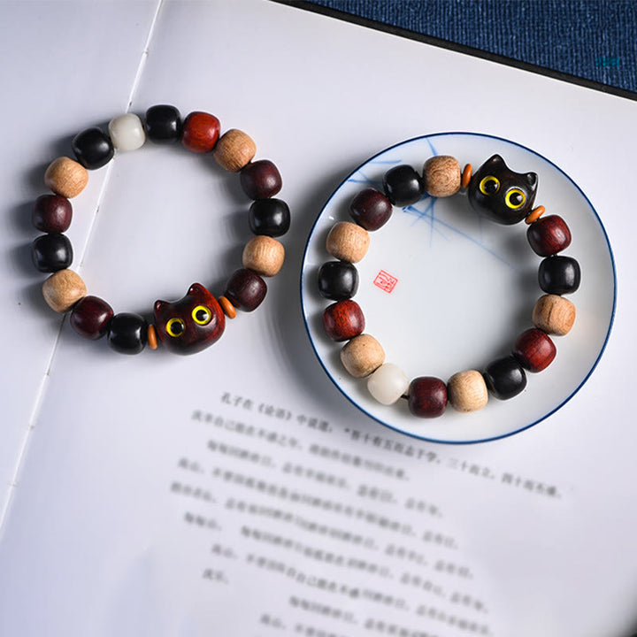 Buddha Stones Small Leaf Red Sandalwood Ebony Wood Cute Cat Engraved Protection Bracelet - image 21