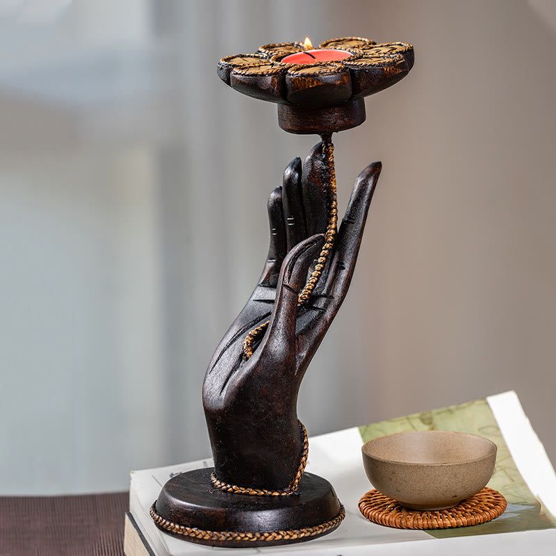 Buddha Stones Hand Pattern Wood Candlestick Home Candle Holder Decoration - Right Hand(1Pc Candle) - image 13