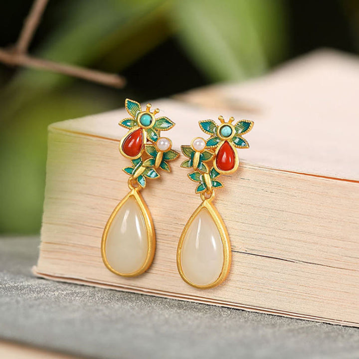 Buddha Stones Water Drop White Jade Red Agate Butterfly Protection Drop Dangle Earrings - White Jade(Protection♥Happiness) - image 0