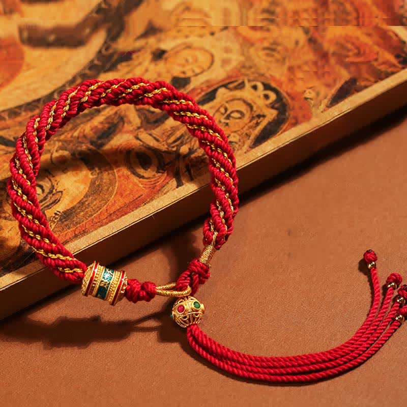 Buddha Stones Tibetan Handmade Luck Thangka Prayer Wheel Charm Weave String Bracelet - Dark Red - image 0