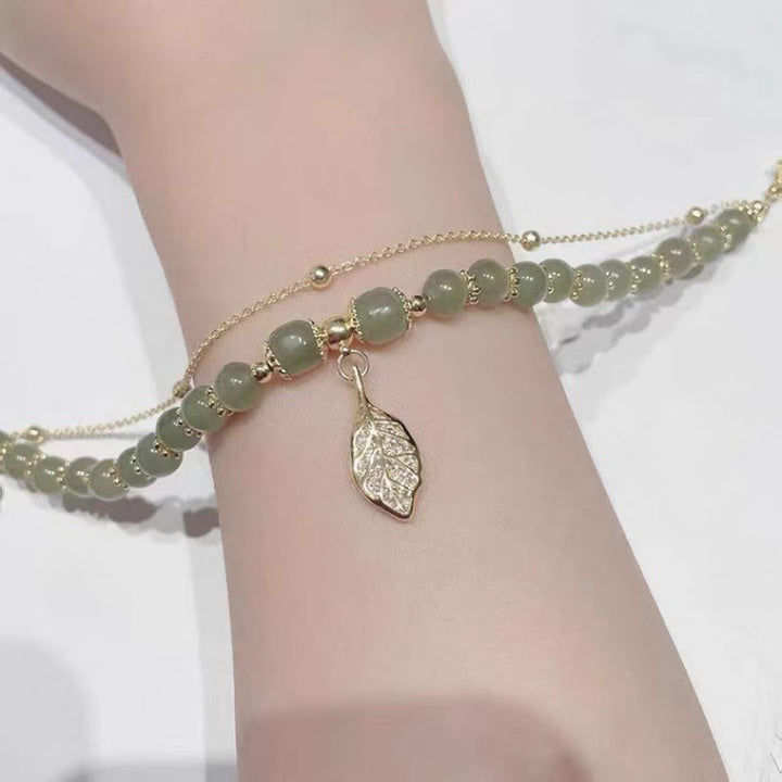 Buddha Stones Jade Leaf Ginkgo Tulip Peanut Fu Character Luck Beaded Bracelet - image 5