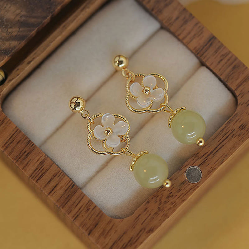 Buddha Stones Tridacna Stone Flower Jade Bead Blessing Drop Earrings - image 3