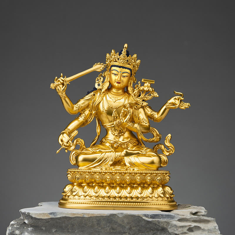 Four-armed Manjusri Bodhisattva Gold Figurine Compassion Serenity Copper Statue Home Decoration - Painted Face Four-armed Manjusri Bodhisattva - 20*10*7cm - image 0
