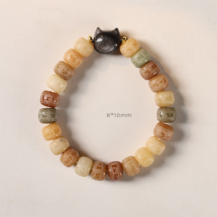 Buddha Stones Bodhi Seed Silver Sheen Obsidian Cat Head Om Mani Padme Hum Engraved Harmony Bracelet - image 4