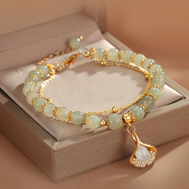 Buddha Stones Jade Leaf Ginkgo Tulip Peanut Fu Character Luck Beaded Bracelet - image 11