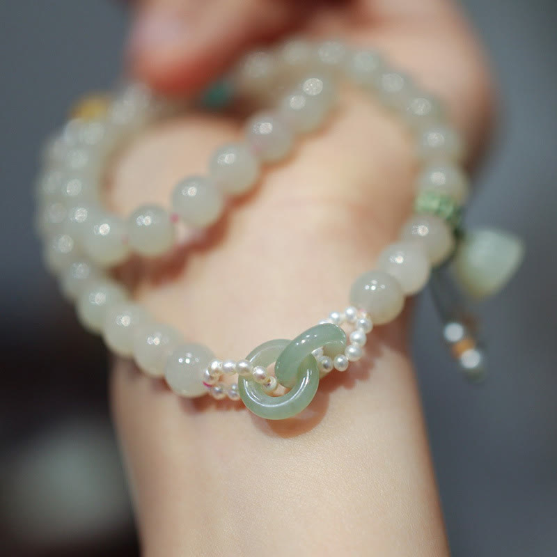 Buddha Stones 925 Sterling Silver Hetian Jade Double Peace Buckle Lotus Luck Double Wrap Bracelet - image 1
